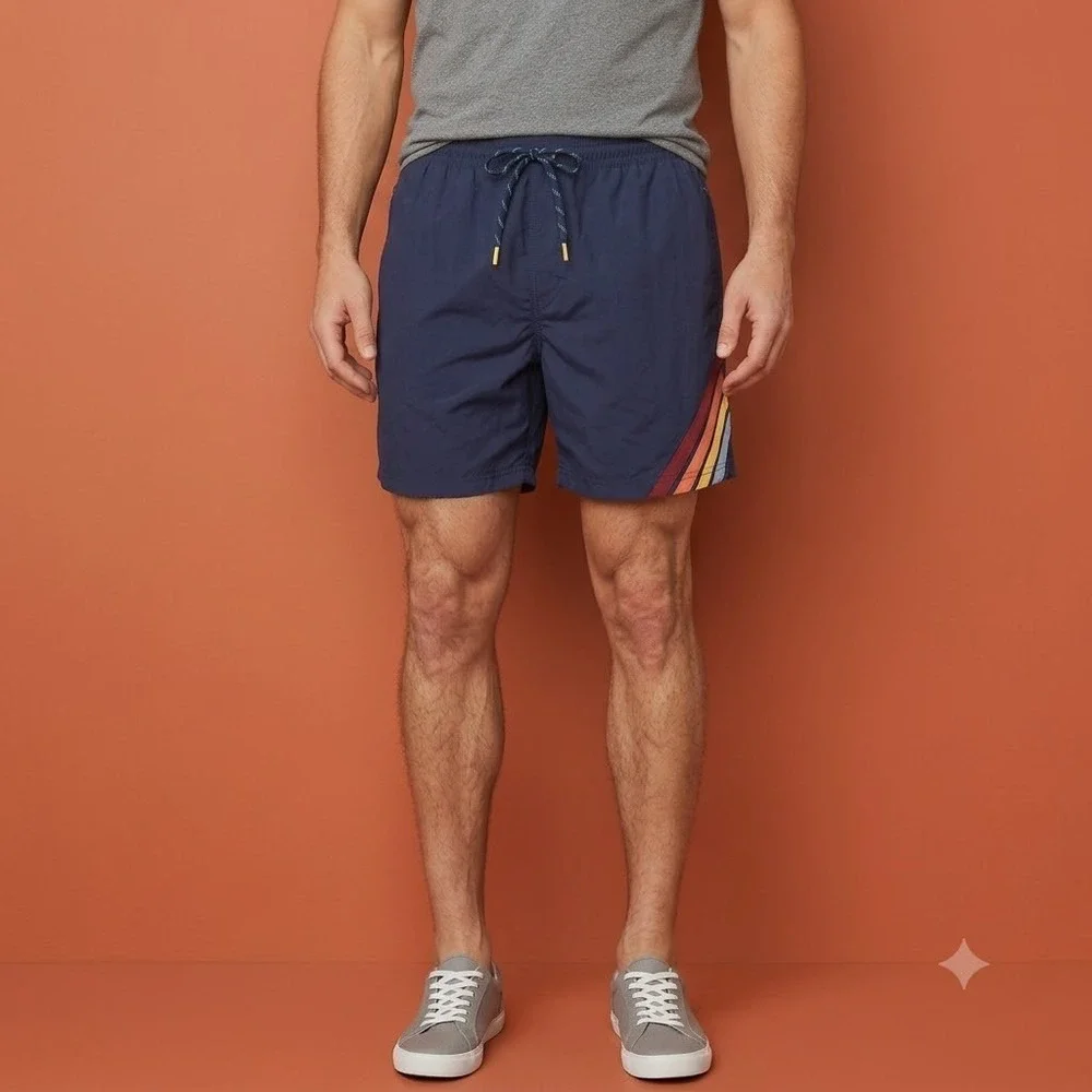 Lands End Mens Swim Trunks Large‎ Blue Elastic Waist Lined Stripe Side